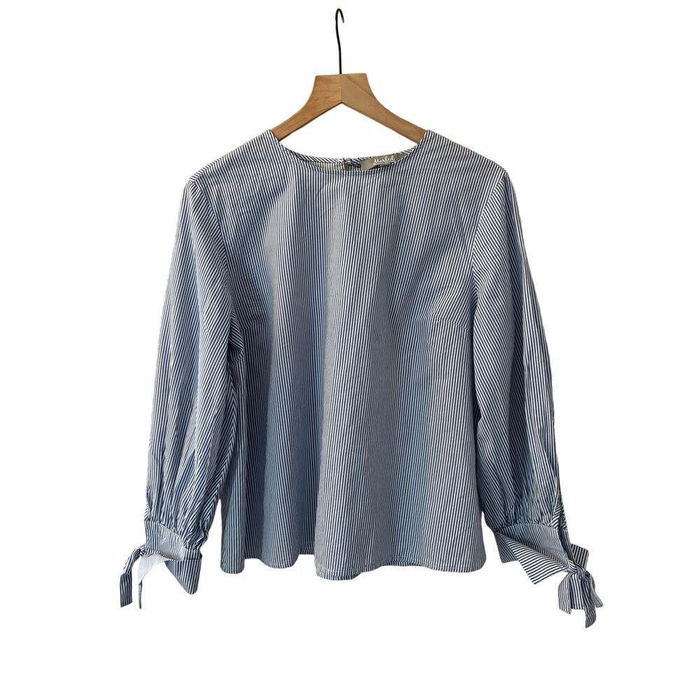 Marled Top Pinstriped Crisp Blue White Stripes Long Sleeve Bow Cuffs Cotton XL